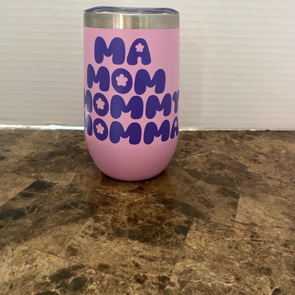 Pink Tumbler with Blue 'Mom' Design